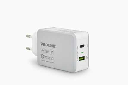 PROLINK PTC23301 2-PORT 33W TRAVEL WALL CHARGER WITH INTELLISENSE 1xTYPE-C/ 1xQC