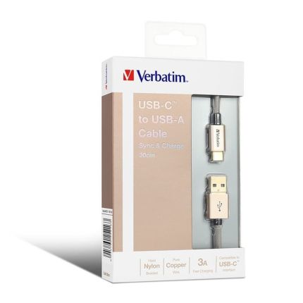 VERBATIM 30CM METALLIC TYPE-C TO TYPE-A  (USB) CABLE  (CHARGE&amp;SYNC) -GOLD#65216 (^^)