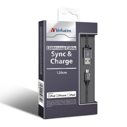 VERBATIM 120CM METALLIC CHARGE &amp; SYNC LIGHTNING CABLE (BLACK) #65360
