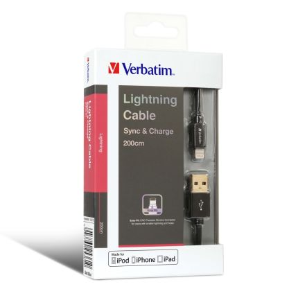 VERBATIM 200CM METALLIC CHARGE &amp; SYNC LIGHTNING CABLE (BLACK) #65361