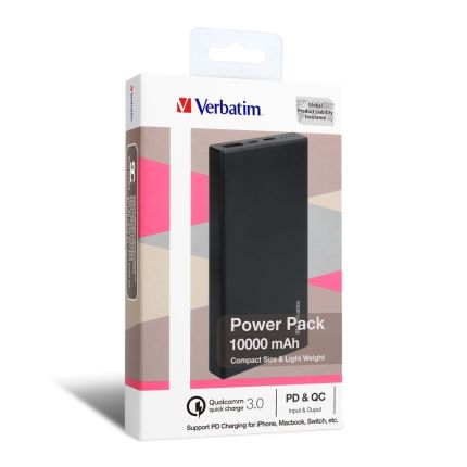 VERBATIM 10,000MAH LI-POLYMER PD+QC 3.0+TYPE-C POWER BANK DUAL -BLACK #65836