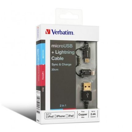 VERBATIM 30CM 2in1 METALLIC MICROUSB CABLE &amp; LIGHTNING CONNECTOR - BLACK #65363