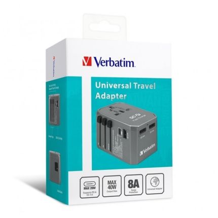 VERBATIM 4-PORT UNIVERSAL TRAVEL ADAPTOR 40W W/ PD 29W &amp; 3xUSB - GREY #66198