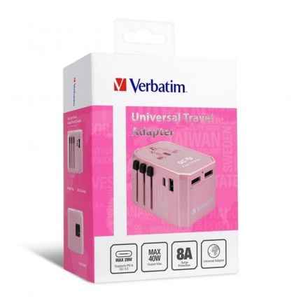VERBATIM 4-PORT UNIVERSAL TRAVEL ADAPTOR 40W w/ PD 29W &amp; 3xUSB - ROSEGOLD #66199