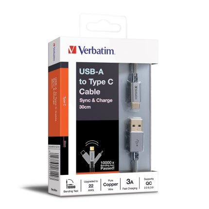 VERBATIM 30CM METALLIC TYPE-C TO USB CABLE -GREY #66149