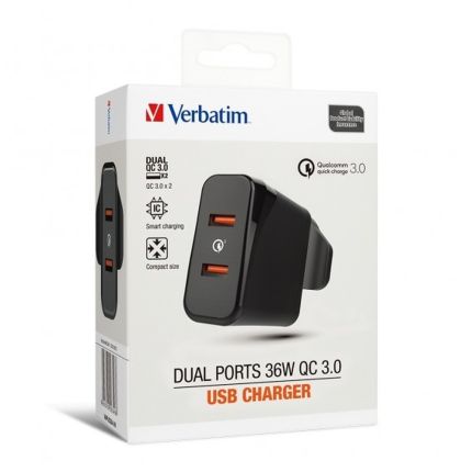 VERBATIM 36W DUAL PORT QC3.0 USB CHARGER - BLACK #66346