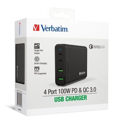 VERBATIM 4-PORT 100W WITH TYPE-C PD + QC 3.0 USB CHARGER #66402