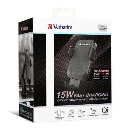 VERBATIM 15W AUTOMATIC SENSOR CAR MOUNT WIRELESS CHARGER #66196