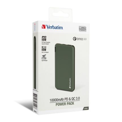 VERBATIM 10,000MAH POWER BANK PD+QC 3.0 18W - GREEN #66440