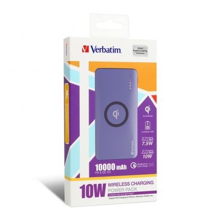 VERBATIM 10,000MAH POWER BANK PD+QC 3.0 WIRELESS -PURPLE #65937